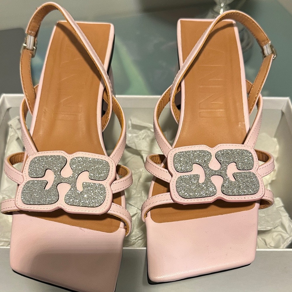 Ganni Blush Heels with Glittering Silver Accents - new with box, dust box.